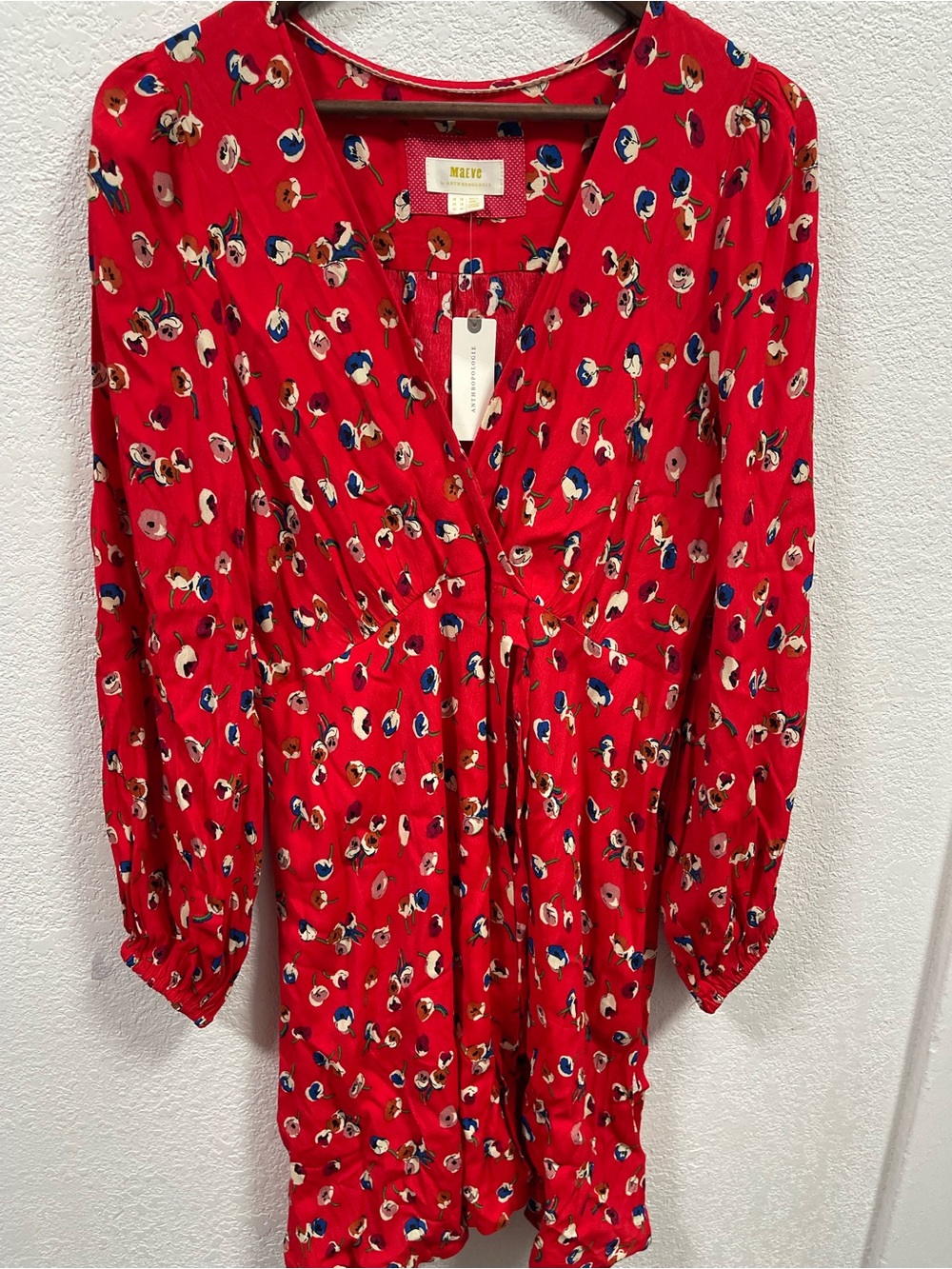 Maeve Anthropologie Petunia Wrap Mini Dress Red Floral Long Sleeve Dress Size 12